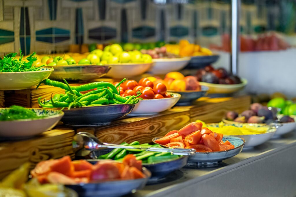 assorted Vegetables and fruits buffet catering in hotel breakfast